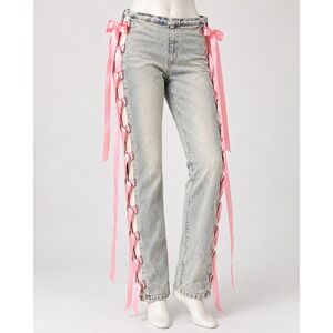 BBJ Los Angeles Pink Ribbon Lace Up Low Rise Bootcut Jeans Light Wash 11/30 NWT